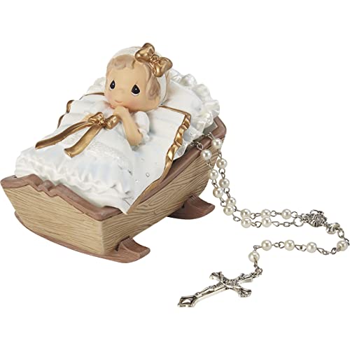 Precious Moments Baby in Cradle Baptism Rosary Box with White Rosary – Girl
