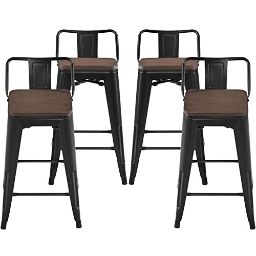 Yaheetech 24” Metal Bar Stool 4PCS Low Back Conuter Stools for Indoor/Outdoor Barstools Metal Black Stools Bar Chairs w/Wooden Seat Metal Leg Industrial Counter Height Stools Black