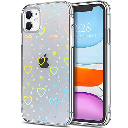 LOEV Heart Case for iPhone 11 Clear Holographic Heart Phone Case, Color Shifting Reflective Heart Pattern Laser Case Protective Shockproof Hard PC & Soft TPU Bumper Cover Women Girls, Rainbow Hearts