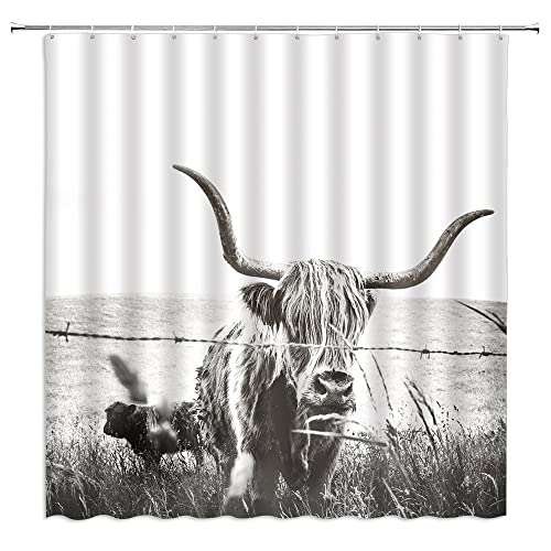 HHKJKJ Highland Cow Shower Curtain Rustic Farm Western Texas Cattle Country Animal Farmhouse Bull Gray Cute Grassland Pasture Outdoor Fabric Home Bathroom Decor with Hooks,(70″ WX70 H)