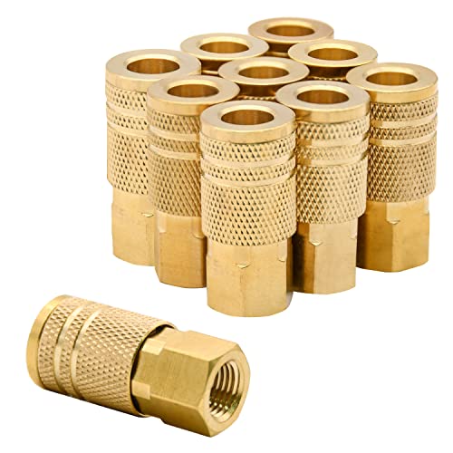 1/4-Inch Brass Female Industrial Coupler, 10 Pack 1/4 Inch Air Hose Fittings NPT Female Quick Connector Air Coupler for Professional Jobsites, Automotive Shops and Home