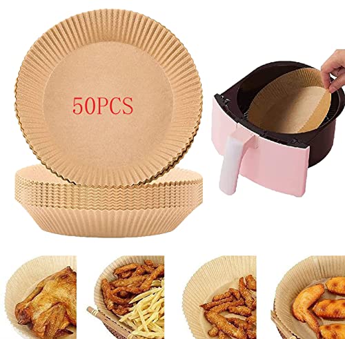 Air Fryer Disposable Paper, Non-Stick Oil Proof Water Proof Parchment Paper, Cooking Baking Paper for Air Fryer Steamer Microwave Oven Baking Paper 7.9 Inches (50PCS-7.9INCH, A)