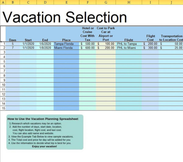 Vacation Selection Spreadsheet