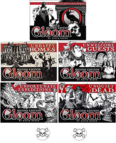 Gloom Card Game Bundle of Gloom Second Edition Plus All 4 Expansions and 2 Skull Buttons