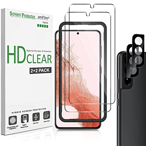 amFilm 2 Pack Hybrid Screen Protector for Samsung Galaxy S22 Plus / S22 + 5G 6.6 Inch [100% Fingerprint ID Compatible] with 2 Pack Tempered Glass Camera Lens Protector and Easy Installation Tray, HD Clear
