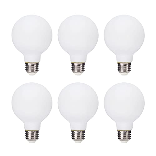truestory G25(G80) Globe Light Bulb 6pack Inner Spray White， Warm White 2700K CRI 90, 5W Equivalent to 50W, Dimmable 450LM E26 Base,Suitable for Any Occasion