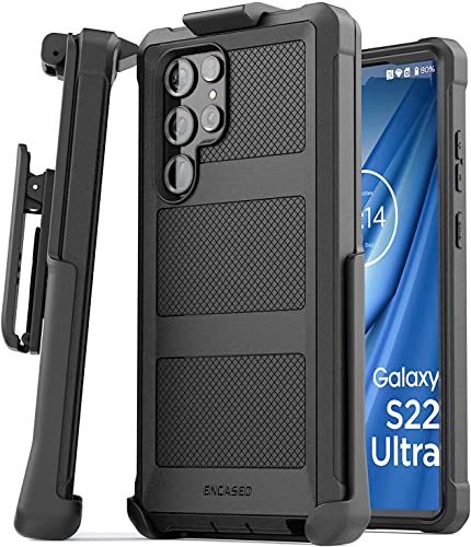 Encased Falcon Designed for Samsung Galaxy S22 Ultra Belt Clip Case, Full Body Protective Phone Case with Holster (Black)