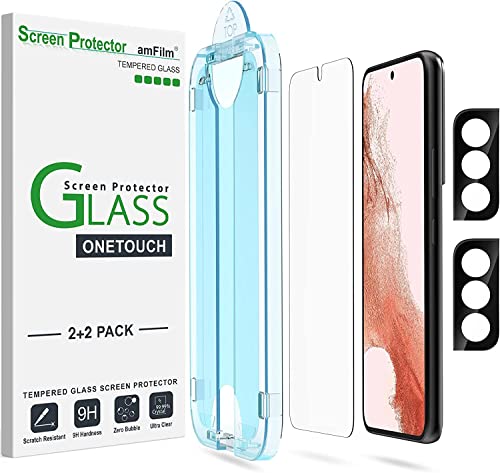 amFilm 2 Pack OneTouch Tempered Glass Screen Protector for Samsung Galaxy S22 Plus 5G 6.6 Inch, 9H Hardness with 2 Pack Tempered Glass Camera Lens Protector, Easiest to Installation and Bubble Free