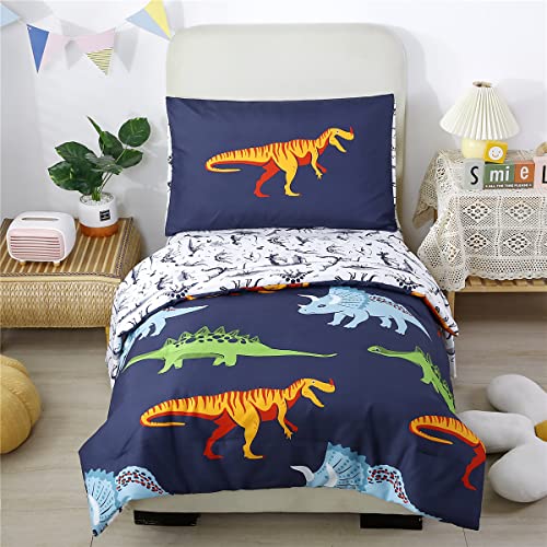 URBONUR 4-Piece Toddler Bedding Set – Ultra Soft Cartoon Jurassic Dinosaur Print Boys Toddler Comforter Set – Include Comforter, Flat Sheet, Fitted Sheet and Reversible Pillowcase, Navy Dinosaur