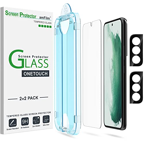 amFilm 2 Pack OneTouch Tempered Glass Screen Protector for Samsung Galaxy S22 5G 6.1 Inch, 9H Hardness with 2 Pack Tempered Glass Camera Lens Protector, Easiest to Installation and Bubble Free