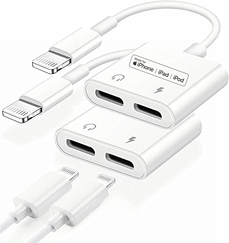 [Apple MFi Certified] 2 Pack Dual Lightning iPhone Splitter & iPhone Dongle Adapter for 4 in 1 Audio+Charge+Call+Volume Control Compatible with iPhone SE/6/7/8/X/XR/XS/11/12/13/iPad/iPod