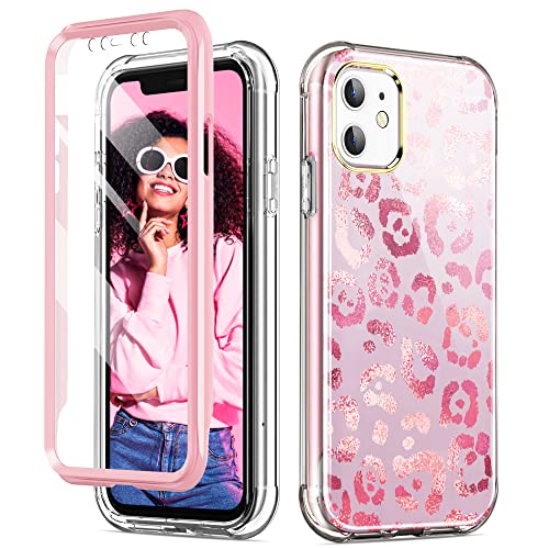 SKYLMW iPhone 11 Case 2019 6.1 inch with Built-in Screen Protector, Full Body Protective Dual Layer Shockproof, Hard PC & Soft TPU with Phone Bumper Cover Cases for Women Girls, Rose Gold-Leopard