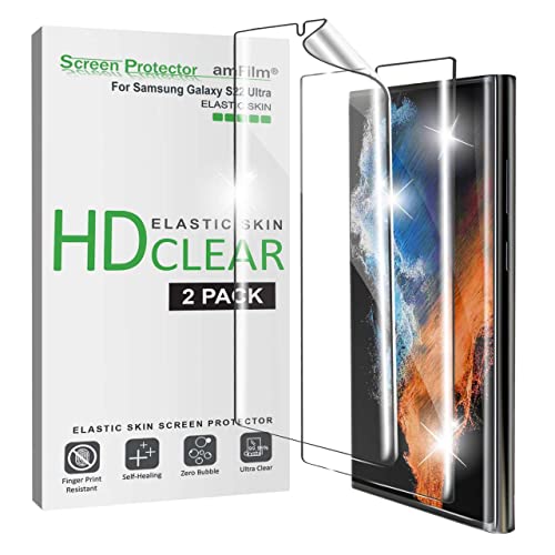 (2 Pack) amFilm Elastic Skin Screen Protector for Samsung Galaxy S22 Ultra 5G 6.8 inch, Fingerprint ID Compatible, with Easy Installation Alignment Tool and Video, HD Clear, TPU Film Full Coverage