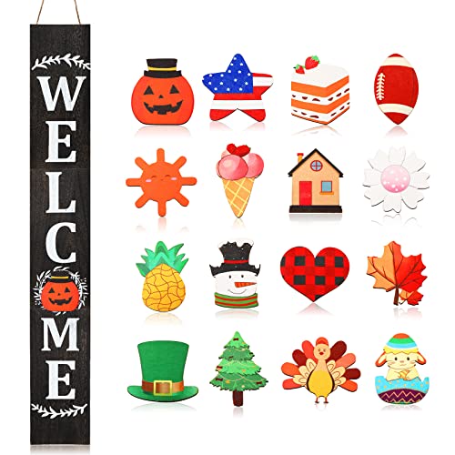 Jetec Welcome Sign for Front Door, Interchangeable Porch Sign Outdoor, Welcome Sign for Front Porch Decorations Outdoor, Wood Porch Sign with 16 Seasonal Icons for Decor (Black Backing)