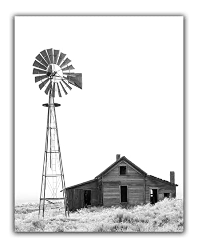 Modern Farmhouse No.38 Wall Art Photo Print – 11×14 UNFRAMED Rustic Boho Cottage Country Decor. Black and White Picture of Barn and Windmill in Farm Field.