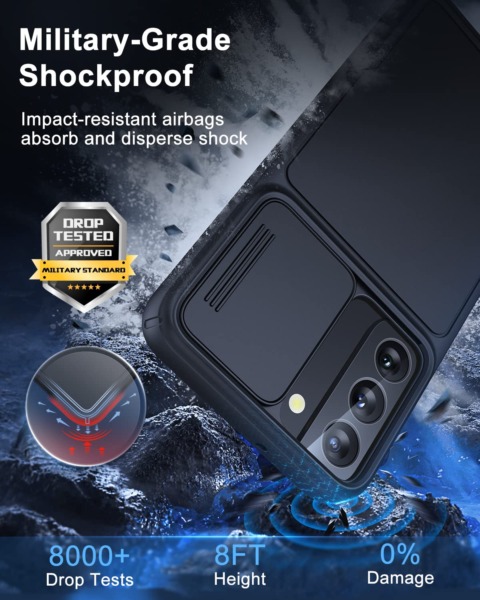 Simtect Designed for Samsung Galaxy S22 Case with Camera Cover [8FT Military Shockproof] [Airbag Protection] Slide Camera Cover Protection for Samsung Galaxy S22 Case 5G 6.1 inch, Black