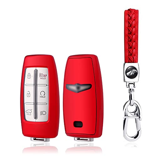 CEBAT TPU Car Key Fob Case Cover Protector Keychain Smart Remote 6 8 Buttons key chain for Hyundai Genesis G70 GV70 G80 GV80 2021 2022 Red