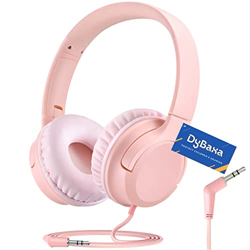 DyBaxa Kids Headphones Wired, Foldable On Ear Headset, Volume Limiter 94dB, Over-Ear Headphones for Kids School Online Classes Travel Children, 3.5mm Jack Compatible Smartphones Tablet, Pink