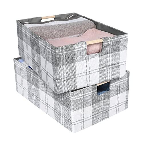 ANMINY 2PCS Storage Bins Set Foldable Cotton Linen Open Storage Baskets Box with Wood Handles Decorative Nursery Baby Kid Toy Clothes Towel Laundry Organizer Container – Small, Light Gray Plaid