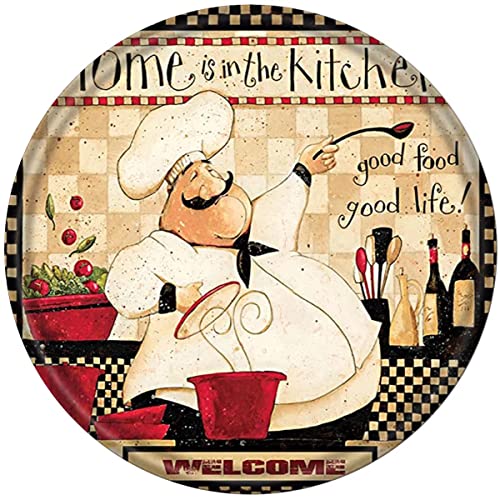WZVZGZ Metal Round Tin Sign Chef Antique Tin Sign Rustic Wall Decor Metal Wall Plate Vintage Tin 12x12inch
