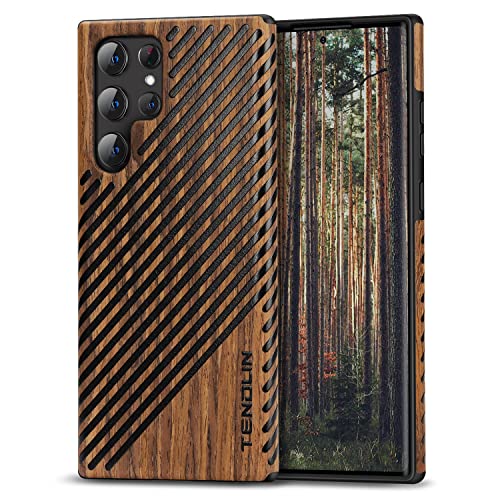 TENDLIN Compatible with Samsung Galaxy S22 Ultra Case Wood Grain and Leather Outside Design TPU Hybrid Case (Wood & Leather)
