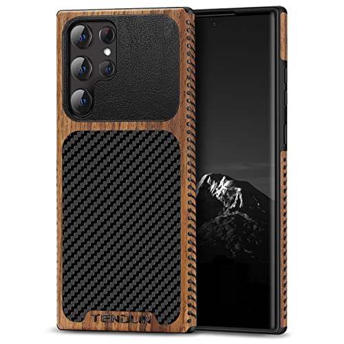 TENDLIN Compatible with Samsung Galaxy S22 Ultra Case Wood Grain with Carbon Fiber Texture Design Leather Hybrid Case