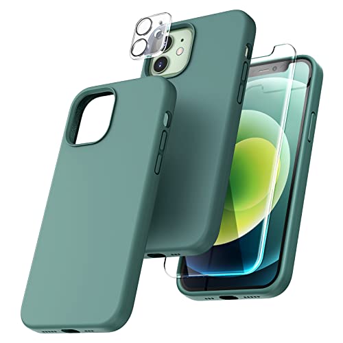 TOCOL [5 in 1 for iPhone 12 Case, for iPhone 12 Pro Case, with 2 Pack Screen Protector + 2 Pack Camera Lens Protector, Silicone Shockproof Phone Case [Anti-Scratch] [Drop Protection], Midnight Green
