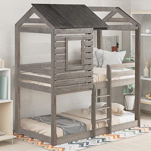 Harper & Bright Designs House Bunk Bed Twin Over Twin, Low Bunk Beds with Roof and Guard Rail for Kids, Teens No Box Spring Needed (Antique Gray, Floor Bunk Beds)