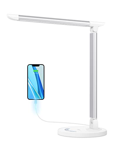 LED Desk Lamp, sympa Dimmable Table Lamp with 7 Brightness Levels, 5 Color Temperatures, USB Charging Port, Touch Control, Memory Function, Desk Light for Home Office Reading Work Study (Silver)