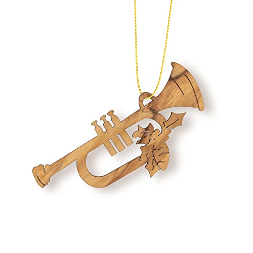 Trumpet Christmas Ornament, Olive Wood Seasonal Decorations for Music Lovers & Band Members, Small Wooden Xmas Tree Holiday Hanging Ornaments, Made in The Holy Land of Bethlehem, Israel