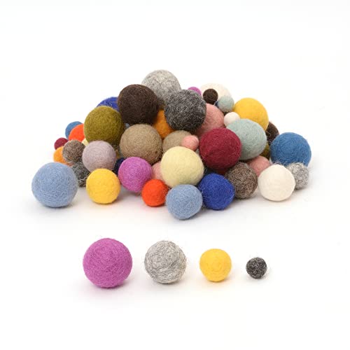Glaciart One Felt Pom Poms, Wool Balls (80 Pcs) 4 Sizes: 1 cm, 1.5 cm, 2 cm & 2.5 cm, Handmade Felted 20 Color (Red, Pink, Blue, Yellow, White, Pastel & More),Bulk Small Puff for Felting & Garland