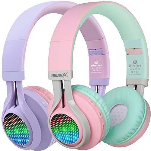 2 Packs Riwbox WT-7S Kids Headphones Wireless, Foldable Stereo Bluetooth Headset with Mic Compatible with PC/Laptop/Tablet/iPad Purple&Pink