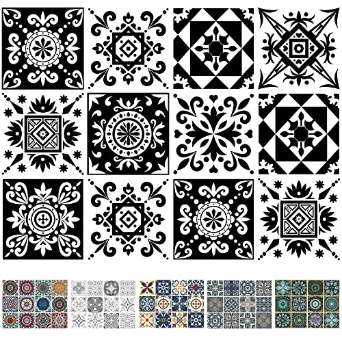AINNO Decorative Tile Sticker, Removeable Waterproof Vinyl Self Adhesive Wall Tile Decals，12 Pcs 6×6 inch Peel and Stick Backsplash for Kitchen Bathroom Home Decor Black White