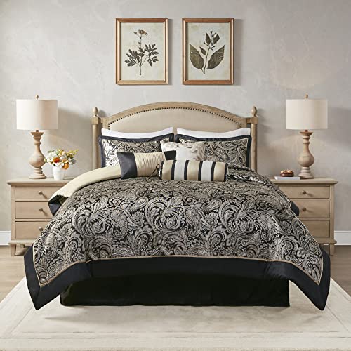 Madison Park Comforter Set, Faux Silk Jacquard Paisley Design – All Season Down Alternative Bedding with Bedskirt, Decorative Pillow, (104 in x 92 in), Black 7 Piece