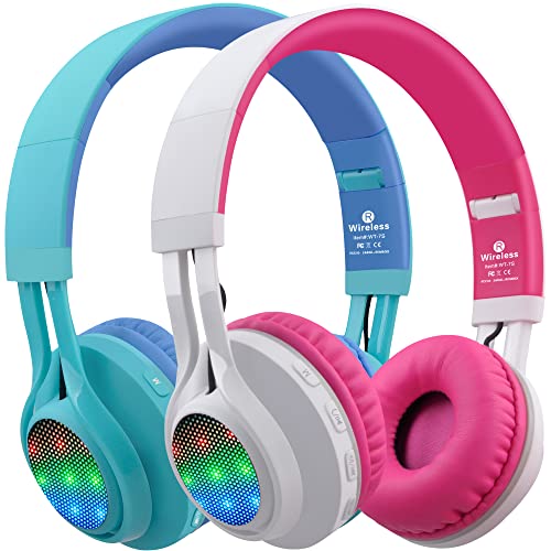2 Packs Riwbox WT-7S Kids Headphones Wireless, Foldable Stereo Bluetooth Headset with Mic Compatible with PC/Laptop/Tablet/iPad Blue&Pink