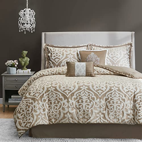 Madison Park Tesla Cozy Comforter Set Jacquard Damask Medallion Design – All Season Down Alternative Bedding, Shams, Bedskirt, Decorative Pillows, King, Tan 6 Piece