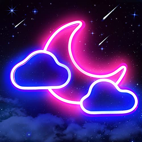 Moon Cloud Neon Sign, Blue/Pink Led Neon Light Sign for Wall Decor, USB Powered Neon Signs for Kids Room, Bedroom, Girls, Wedding, Party, Bar, Christmas Night Light (New)