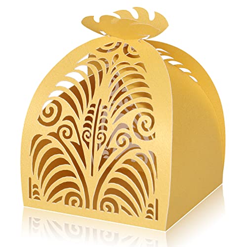 KPOSIYA Pack of 70 Laser Cut Favor Boxes, 2.8”x2.5”x3.2” Wedding Party Small Gift Boxes Hollow Out Candy Box for Wedding Birthday Party Baby Shower Bridal Shower Favors (pack of 70, Gold)