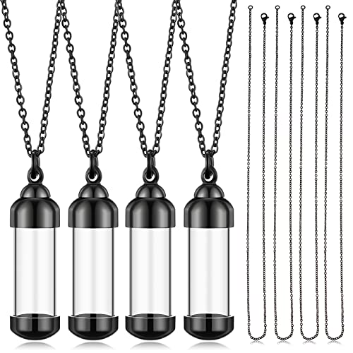 4 Vial Necklace Pendant Set Include 4 Stainless Steel Glass Openable Container Vial Tube Urn Keepsake Cremation Memorial Ashes Holder 4 Snake Chain Necklace for DIY Jewelry Making (Black)