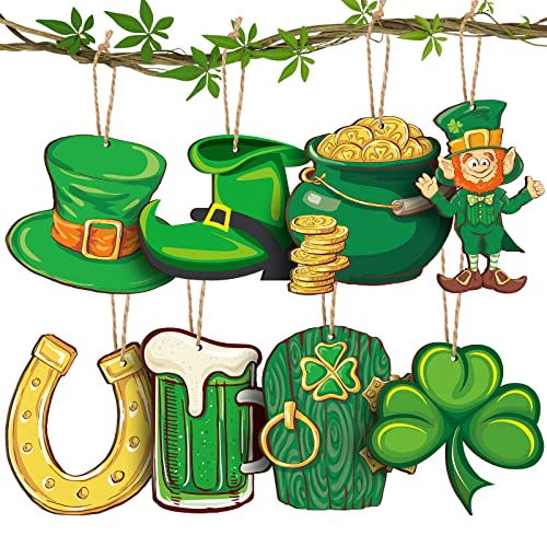 40 Pcs St. Patrick’s Day Tree Wood Gnomes Ornament Gnome Wooden Pendant Decoration Shamrock Pot of Gold Coin Leprechaun Cutout for Tree St Patrick’s Day Home Decor Holiday Farmhouse (Shamrock Style)