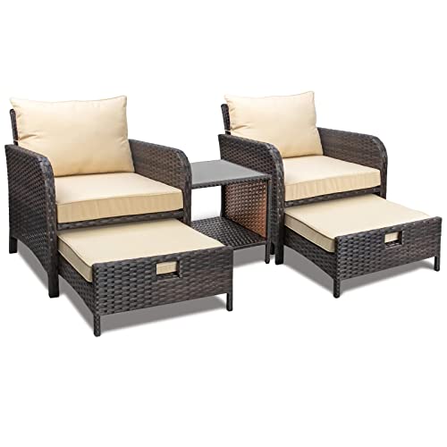 LEVELEVE Balcony Furniture 5 Piece Patio Conversation Set, PE Wicker Rattan Outdoor Lounge Chairs with Soft Cushions 2 Ottoman&Glass Table for Porch, Lawn-Brown Wicker