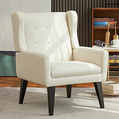 WACASA Button Tufted Fabric Accent Wingback Chair, Upholstered Mid Century Modern Arm Chairs for Bedroom, Living Room White Beige