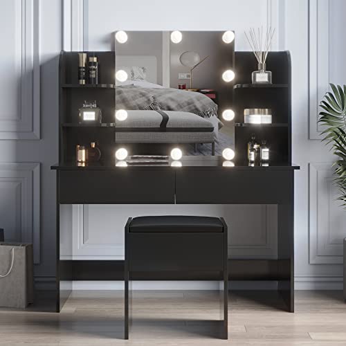 Large Vanity Set with 10 Lights Bulbs, 42-inch Makeup Vanity Mirror with Lights, Makeup Table with 2 Drawers & Cushioned Stool & Storage Shelves, Dressing Table for Women, Girls, Bedroom (Black)