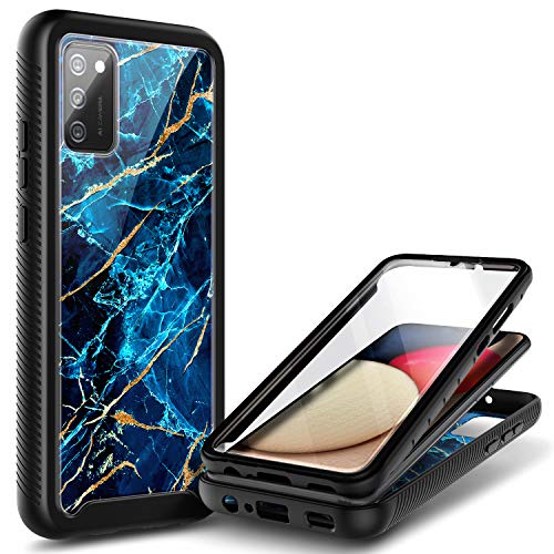 NZND Case for Samsung Galaxy A03S with [Built-in Screen Protector], Full-Body Protective Shockproof Rugged Bumper Cover, Impact Resist Durable Phone Case (Marble Design Sapphire)