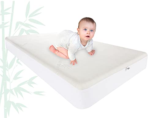 PURE BAMBOO Crib Bamboo Mattress Protector – Waterproof Breathable Cooling Cover Pad Protects Against Moisture, Spills, Stains – Noiseless, Machine Washable, Fits 52″x28″x6″ Crib Mattress (Crib)