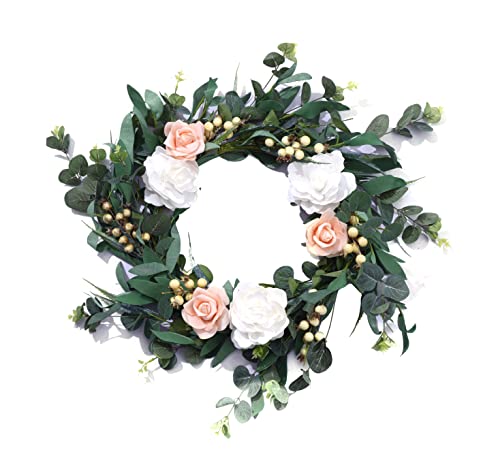 MISSPIN 18IN Artificial Flower Wreath for Home Decor, Spring Wreath Artificial Peony Flower Wreath for Front Door, Wreath Home Decor for Window, Outdoor, Wedding (Pink Rose)