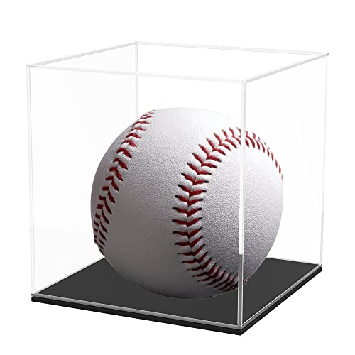 QIMOND 4 Inch Fully Assembled Acrylic Case with Matte Black Acrylic Base, Single-Piece Acrylic Display Box for Softball, Figures, Toys and Collectibles (4x4x4 Inch)