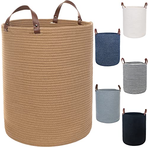 Caroeas XX-Large Cotton Rope Basket, 20” x 16” Rope Baskets with Leather Handles, 80L Woven Baby Laundry Blanket Basket, Woven Basket for Toys, Collapsible Thread Laundry Hamper (Brown)