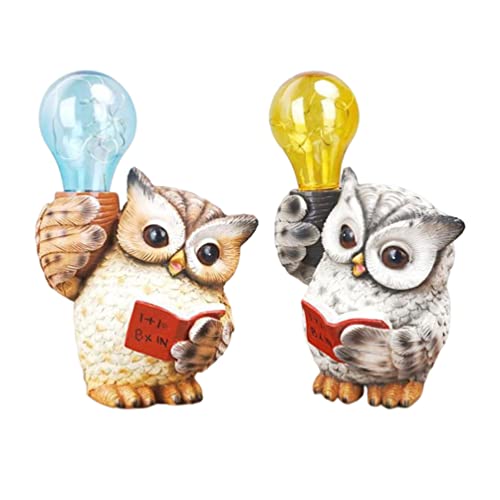 Resin Owl Garden Solar Lights: Resin Reading Owl Figurine Holding Solar LED Light Bulb Decorative Lamp for Home Table Garden Decor Brown