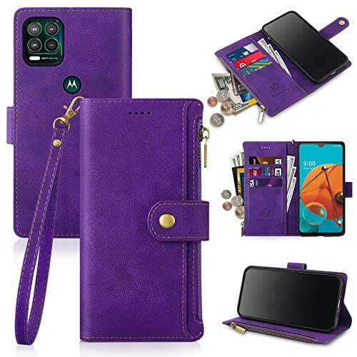 Antsturdy for Motorola Moto G Stylus 5G Wallet Case, PU Leather Folio Flip Protective Cover with Wrist Strap [RFID Blocking] [Zipper Poket] Credit Card Holder [Kickstand Function] Women Purple